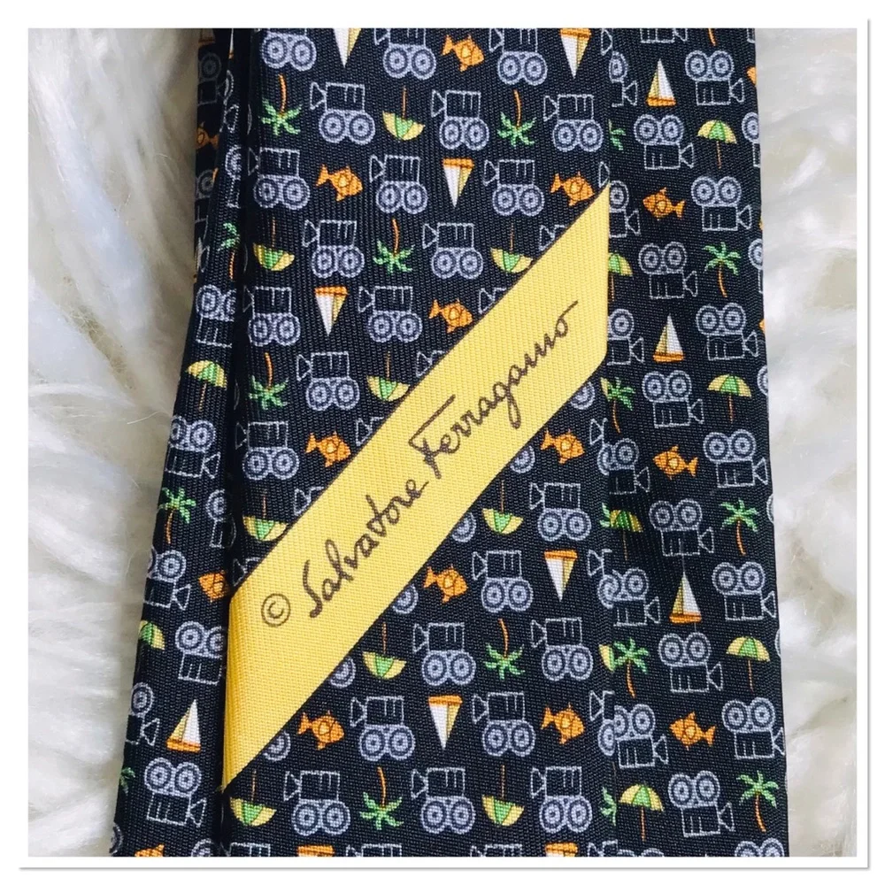 Salvatore Ferragamo 100% Silk Tie Fish Palm Tree Print Black Multicolour